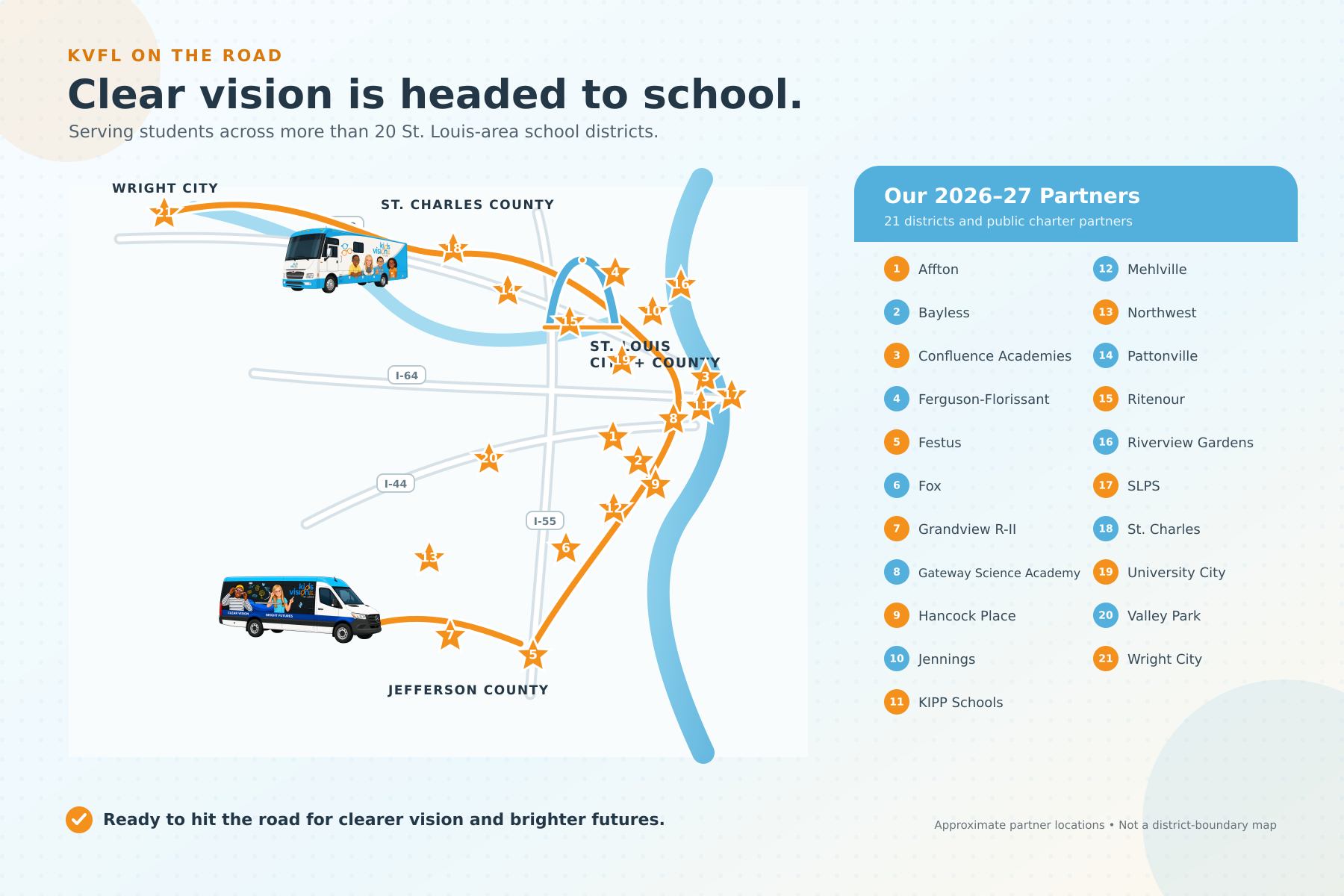 Map showing St. Louis-area school districts partnering with Kids Vision for Life